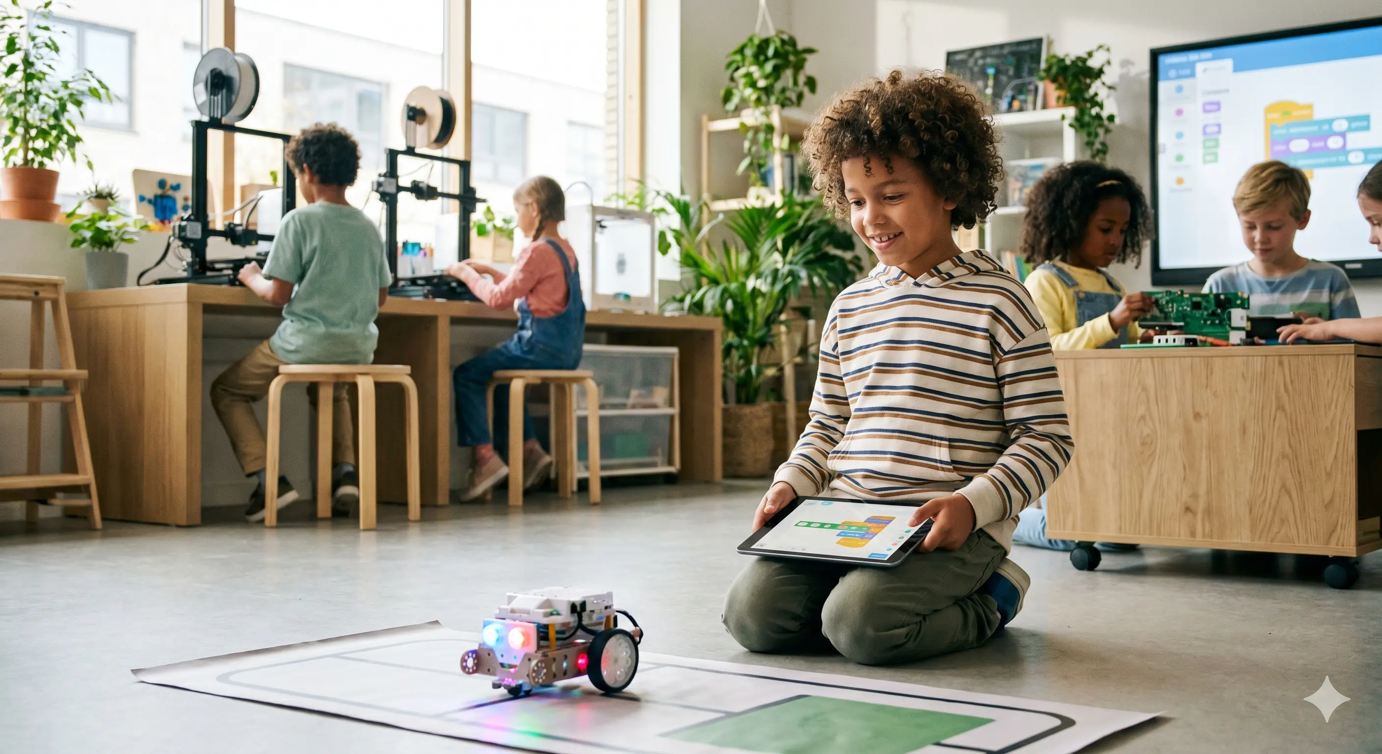 Dziecko z zaciekawieniem programujące małego robota edukacyjnego w nowoczesnej klasie lekcyjnej, symbolizujące naukę przedmiotów STEM.